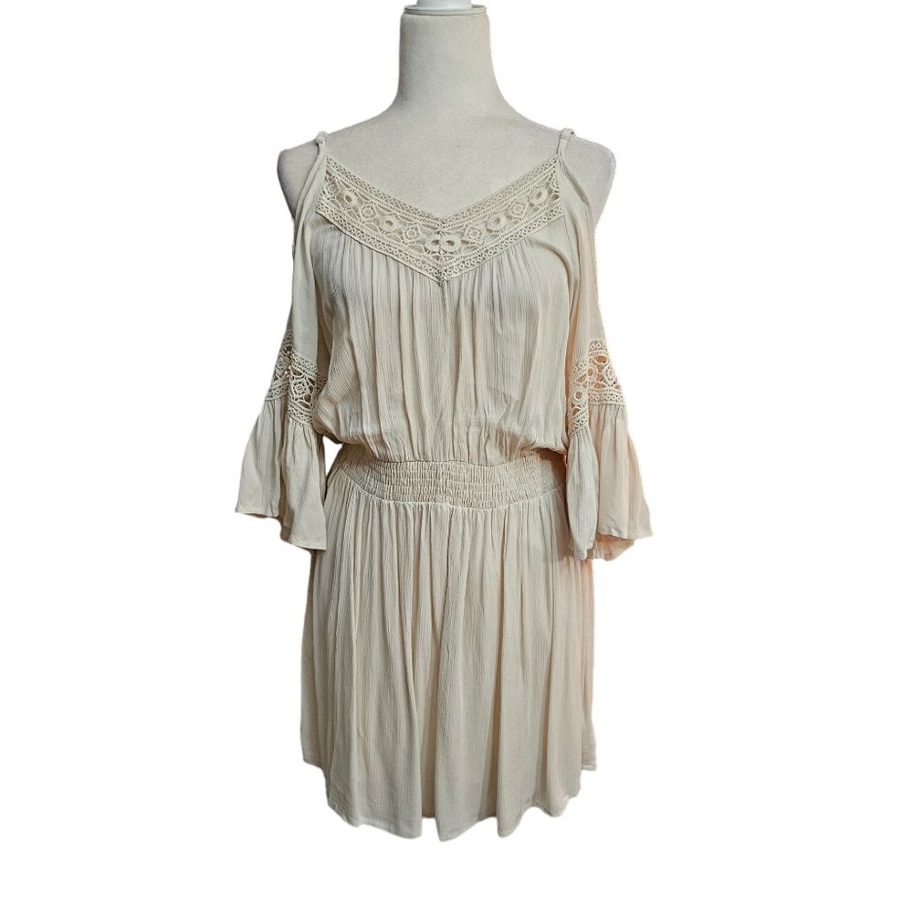 True Destiny Boho Dress Mini Flowy Crochet Off White Bone  Large Cold Sh…